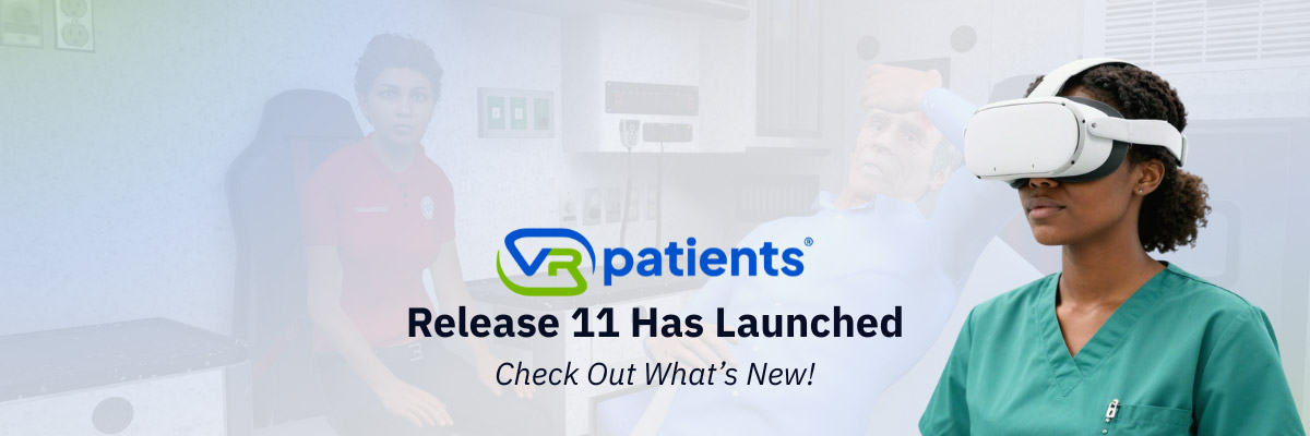 Banner announcing VRpatients Release 11 launched, with a nurse and a clinician in a medical room and a branded logo in the center