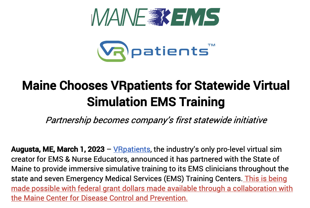 Maine Chooses VRpatients for Statewide Virtual Simulation EMS Training Partnership becomes company’s first statewide initiative