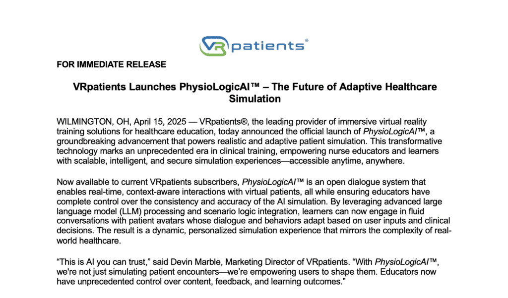 VRpatients Launches PhysioLogicAI™ – The Future of Adaptive Healthcare Simulation